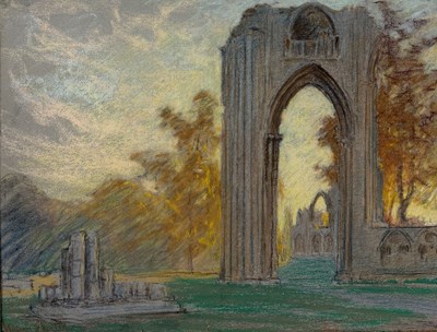 Lot 501 - WILLIAM SAMUEL HORTON (AMERICAN 1865-1936): A PASTEL DRAWING ON PAPER DEPICTING A RUINED CHURCH