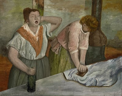 Lot 542 - AFTER DEGAS: AN OIL PAINTING ON BOARD 'WOMEN IRONING'