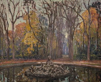 Lot 471 - WILLIAM SAMUEL HORTON (AMERICAN 1865-1936): AN OIL PAINTING ON BOARD DEPICTING A FOUNTAIN WITH TREES