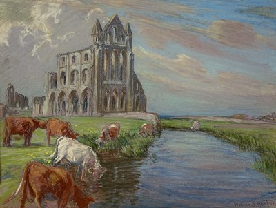 Lot 497 - WILLIAM SAMUEL HORTON (AMERICAN 1865-1936): A PASTEL DRAWING ON BOARD DEPICTING COWS IN A FIELD NEAR A STREAM, WITH CHURCH RUINS IN THE BACKGROUND