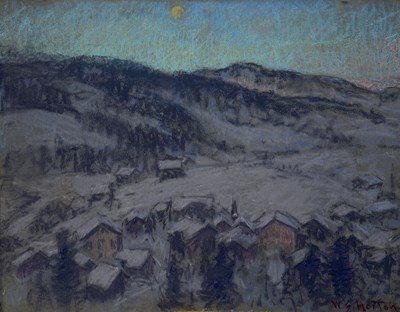 Lot 498 - WILLIAM SAMUEL HORTON (AMERICAN 1865-1936): A PASTEL DRAWING ON PAPER DEPICTING A WINTRY MOUNTAIN LANDSCAPE WITH HOUSES