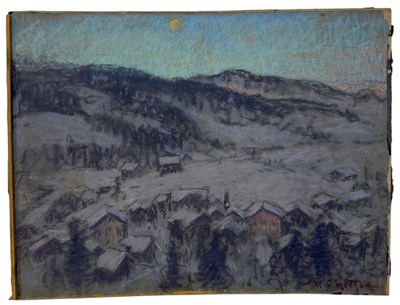 Lot 498 - WILLIAM SAMUEL HORTON (AMERICAN 1865-1936): A PASTEL DRAWING ON PAPER DEPICTING A WINTRY MOUNTAIN LANDSCAPE WITH HOUSES