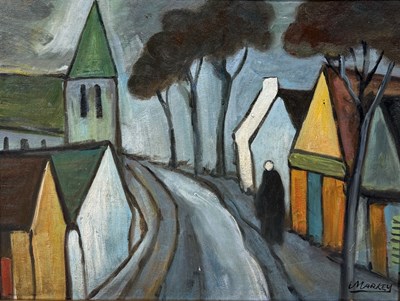 Lot 529 - AFTER MARKEY ROBINSON (1918-1999): AN OIL PAINTING ON CANVAS DEPICTING A FRENCH VILLAGE STREET