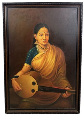 Lot 427 - INDIAN SCHOOL: AN OIL PAINTING ON CANVAS DEPICTING A WOMAN PLAYING A STRINGED INSTRUMENT