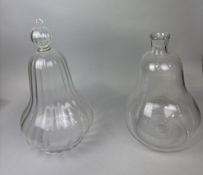 Lot 897 - TWO BELL SHAPED DECORATIVE GLASS ORNAMENTS ALONG WITH THREE GLASS VASES