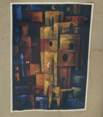 Lot 634 - AN ABSTRACT PAINTING ON PAPER DEPICTING HOUSES