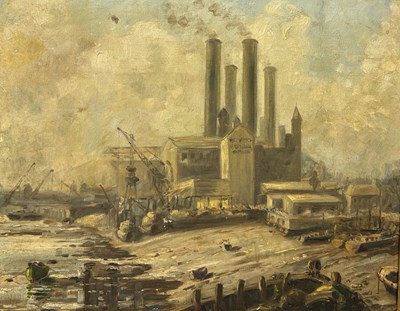 Lot 777 - AN OIL PAINTING ON CANVAS DEPICTING LOTS ROAD POWER STATION, CHELSEA