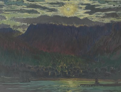 Lot 476 - WILLIAM SAMUEL HORTON (AMERICAN 1865-1936): A LARGE PASTEL PAINTING ON PAPER DEPICTING A LAKE WITH MOUNTAINS