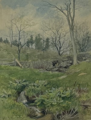 Lot 495 - WILLIAM SAMUEL HORTON (AMERICAN 1865-1936): A PASTEL DRAWING ON PAPER DEPICTING A WINDING STREAM IN THE COUNTRYSIDE