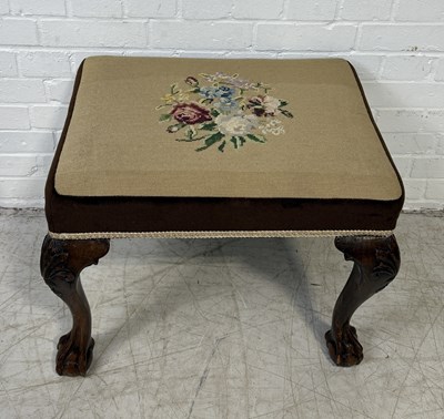 Lot 789 - A MAHOGANY GEORGIAN STYLE STOOL WITH CLAW AND BALL FEET, NEEDLEPOINT UPHOLSTERY