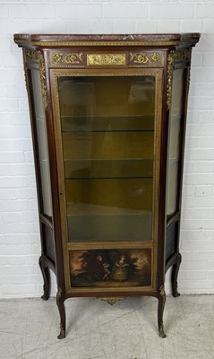 Lot 727 - A 19TH CENTURY VITRINE CABINET WITH PAINTED PANEL AND MARBLE TOP