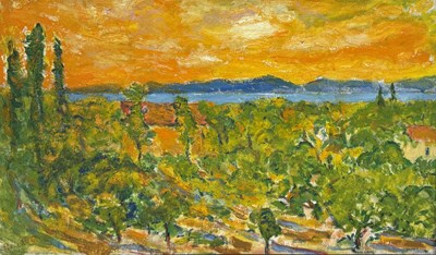 Lot 585 - AN OIL PAINTING ON CANVAS DEPICTING A SUNNY LANDSCAPE WITH SEA