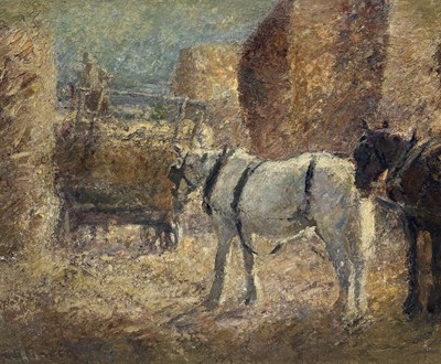 Lot 556 - AN OIL ON CANVAS DEPICTING HORSE AND CART WITH HAY BALES