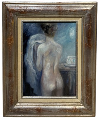 Lot 594 - AN OIL PAINTING ON CANVAS DEPICTING A NUDE LADY