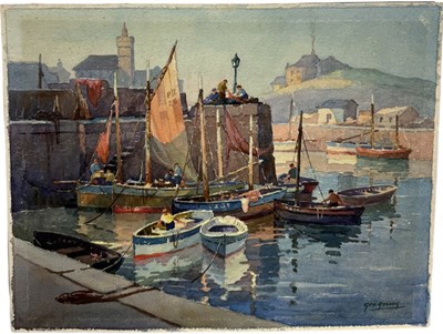 Lot 646 - GEORGE AYLING (BRITISH 1887-1960): A WATERCOLOUR PAINTING ON PAPER DEPICTING SAILBOATS IN A HARBOUR