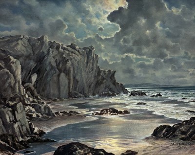 Lot 643 - MOSS WILLIAMS (1859-1944): A WATERCOLOUR PAINTING ON PAPER DEPICTING A COASTAL SCENE