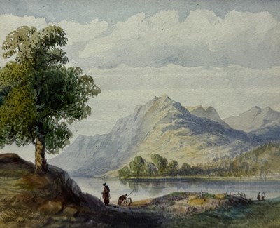 Lot 644 - A TOPOGRAPHICAL WATERCOLOUR PAINTING ON PAPER DEPICTING FIGURES FISHING WITH MOUNTAIN IN THE BACKGROUND