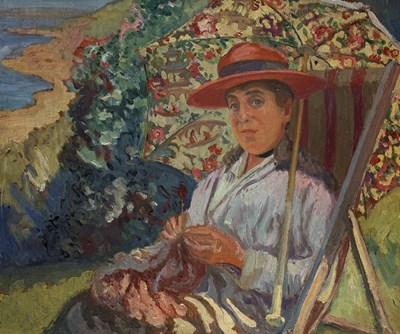 Lot 478 - WILLIAM SAMUEL HORTON (AMERICAN 1865-1936): AN OIL PAINTING ON BOARD DEPICTING A SEATED LADY KNITTING