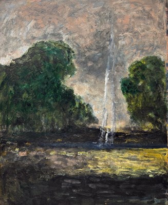 Lot 588 - AN OIL PAINTING ON BOARD DEPICTING A FOUNTAIN