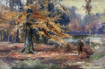 Lot 577 - MANNER OF WILLIAM GILBERT FOSTER: AN OIL PAINTING ON CANVAS DEPICTING A GENTLEMAN IN A WOODLAND