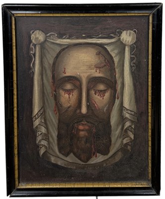 Lot 551 - AN OIL PAINTING ON CANVAS DEPICTING THE HEAD OF CHRIST