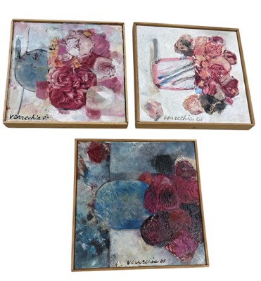 Lot 706 - THREE MIXED MEDIA PAINTINGS OF STILL LIFE WITH FLOWERS, SIGNED VERRECCHIA