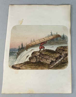 Lot 490 - CORNELIUS KRIEGHOFF (DUTCH-CANADIAN 1815-1872): A RARE WATERCOLOUR PAINTING ON PAPER DEPICTING A TRAPPER CARRYING A CANOE UP A WATERFALL