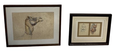 Lot 511 - ALFRED CROWDY LOVETT C.B.E (BRITISH 1862-1919): A WATERCOLOUR PAINTING ON PAPER 'THE PORTRAIT OF THE HEAD OF AN INDIAN ARMY CAMEL', ALONG WITH TWO PORTRAITS OF INDIAN ARMY SOLDIERS