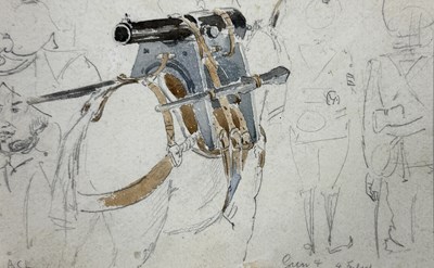 Lot 508 - ALFRED CROWDY LOVETT C.B.E (1862-1919): A GROUP OF FOUR WATERCOLOUR PAINTINGS ON BOARD DEPICTING INDIAN ARMY HEAVY MILITARY GUNS BEING TRANSPORTED ON HORSES, ATTENDED BY SOLDIERS