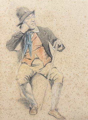 Lot 523 - ALFRED CROWDY LOVETT C.B.E (BRITISH 1862-1919): A FINE WATERCOLOUR PAINTING ON OLD BOARD DEPICTING THE PORTRAIT OF A SEATED GENT WITH STAFF, IN DEEP THOUGHT