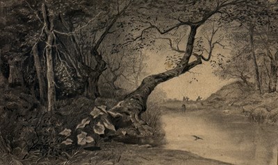 Lot 671 - ATTRIBUTED TO HOGER (AUSTRIAN 1801-1877): A FINE BLACK CHALK DRAWING OF FIGURES ON HORSES IN A WOODED LANDSCAPE