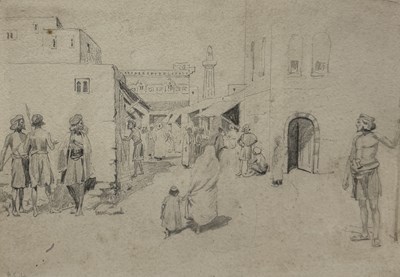 Lot 513 - ALFRED CROWDY LOVETT C.B.E (BRITISH 1862-1919): A PENCIL DRAWING ON PAPER DEPICTING AN INDIAN STREET SCENE WITH GUARDS BY BUILDINGS AND PEOPLE, WITH VERSO ANOTHER DRAWING OF CAMEL