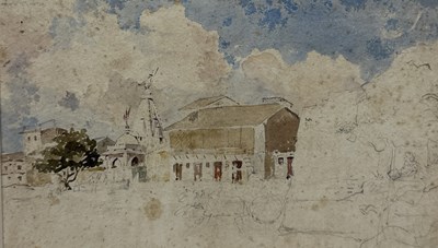 Lot 512 - ALFRED CROWDY LOVETT C.B.E (BRITISH 1862-1919): A WATERCOLOUR PAINTING AND PENCIL DRAWING DEPICTING AN INDIAN FORTRESS WALL WITH FUGRES BY RAMPARTS