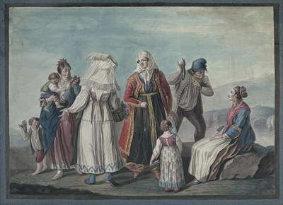 Lot 619 - NEOPOLITAN SCHOOL (EARLY- MID 19TH CENTURY): A WATERCOLOUR PAINTING ON PAPER DEPICTING FIGURES IN TRADITIONAL COSTUME BY A HARBOU`R