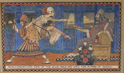 Lot 621 - MARGARET ALISON ATKINS (BRITISH, EARLY 20TH CENTURY): AN ART NOUVEAU WATERCOLOUR PAINTING ON PAPER 'NEBUCHARDNEZZAR, KING OF THE JEWS, SOLD HIS WIFE FOR A PAIR OF SHOES'