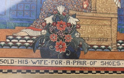 Lot 621 - MARGARET ALISON ATKINS (BRITISH, EARLY 20TH CENTURY): AN ART NOUVEAU WATERCOLOUR PAINTING ON PAPER 'NEBUCHARDNEZZAR, KING OF THE JEWS, SOLD HIS WIFE FOR A PAIR OF SHOES'