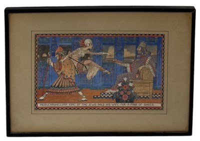 Lot 621 - MARGARET ALISON ATKINS (BRITISH, EARLY 20TH CENTURY): AN ART NOUVEAU WATERCOLOUR PAINTING ON PAPER 'NEBUCHARDNEZZAR, KING OF THE JEWS, SOLD HIS WIFE FOR A PAIR OF SHOES'
