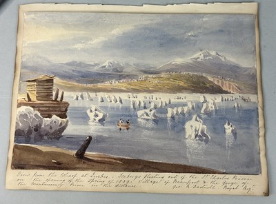 Lot 495 - GEORGE RUSSELL DARTNELL (1799-1878): A WATERCOLOUR PAINTING ON PAPER DEPICTING THE VIEW FROM THE WHARF AT QUEBEC. ICEBERGS FLOATING OUT OF THE ST CHARLES RIVER ON THE OPENING OF THE SPRING OF 1839