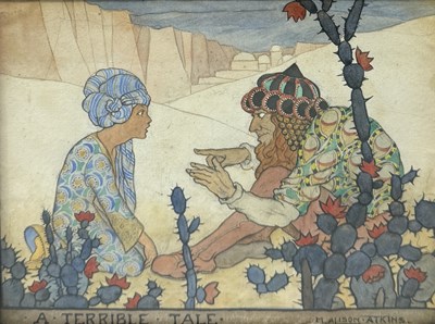 Lot 633 - MARGARET ALISON ATKINS (BRITISH, EARLY 20TH CENTURY): AN ART NOUVEAU WATERCOLOUR PAINTING ON PAPER 'A TERRIBLE TALE'