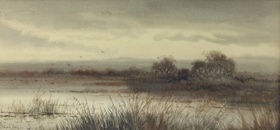 Lot 635 - JOSEPH HALFORD ROSS (BRITISH B.1866): A WATERCOLOUR PAINTING ON PAPER DEPICTING MARSHLAND