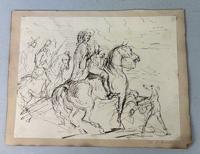 Lot 496 - SIR FRANCIS GRANT P.R.A., R.S.A. (BRITISH 1803-1878): AN INK DRAWING ON PAPER DEPICTING HUNTSMAN ON HORSEBACK