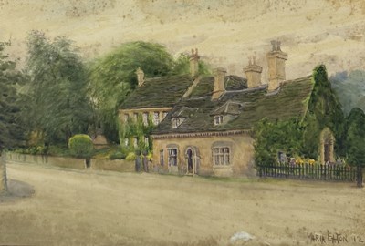 Lot 641 - MARIA EATON (1840-1940); A WATERCOLOUR PAINTING ON PAPER DEPICTING BADMINTON VILLAGE, GLOUCESTERSHIRE DATED 1912