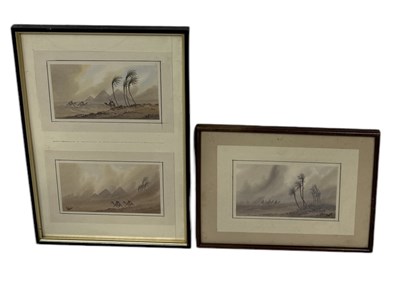 Lot 663 - THREE 19TH CENTURY EGYPTIAN WATERCOLOUR PAINTINGS ON PAPER DEPICTING A VIEW OF THE PYRAMIDS WITH CAMEL RIDERS