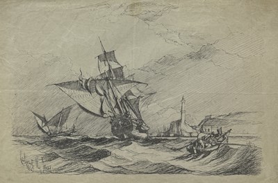 Lot 679 - CALVERT RICHARD JONES (1804-1877): A MARINE SCENE, POSSIBLY INK DRAWING OR ETCHING, BOATS BY LIGHTHOUSE