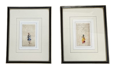 Lot 518 - ALFRED CROWDY LOVETT C.B.E (BRITISH 1862-1919): A PAIR OF MINIATURE WATERCOLOUR PAINTINGS DEPICTING AN INDIAN WOMAN CARRYING A POT AND A MAN SMOKING