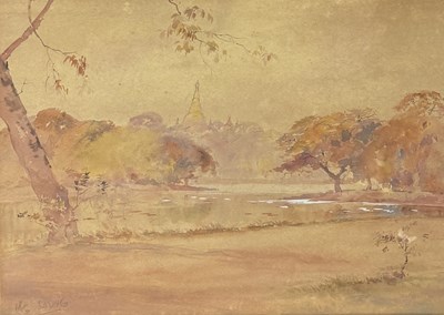 Lot 627 - MAUNG SAYA SAUNG (BURMESE 1898-1952): A WATERCOLOUR PAINTING ON PAPER DEPICTING A VIEW OF THE SWEDAGON PAGODA TEMPLE FROM MANDALAY MOAT, BURMA