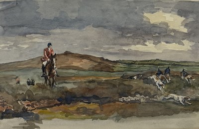 Lot 519 - NIGEL LOVETT, LIEUTENANT GENERAL (1900-1962): A WATERCOLOUR PAINTING ON PAPER 'HOUNDS WITH RIDERS IN A LANDSCAPE'