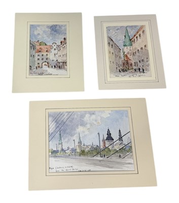 Lot 660 - JOHN CODRINGTON (BRITISH 1898-1991): A GROUP OF THREE WATERCOLOUR PAINTINGS ON PAPER DEPICTING VIEW OF LATVIA