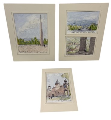 Lot 654 - JOHN CODRINGTON (BRITISH 1898-1991): A GROUP OF FOUR WATERCOLOUR PAINTINGS ON PAPER DEPICTING VIEWS OF ARMENIA INCLUDING MOUNT ARARAT AND THE MONUMENT OF THE ARMENIAN MASSACRES AT YEREVAN