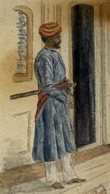 Lot 521 - ALFRED CROWDY LOVETT (BRITISH 1862-1919): A WATERCOLOUR PAINTING ON PAPER DEPICTING AN INDIAN GUARD BY A DOOR, ALONG WITH ANOTHER OF A SEATED MAN WEARING A HEAD SCARF